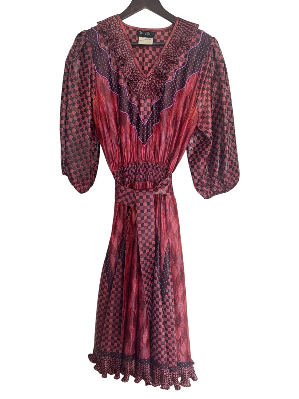 Diane Freis Midi Dress Vintage Checked and Printed Maroon Purple Puff Sleeves